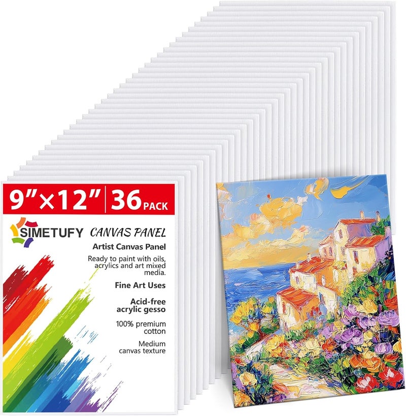 Simetufy 36Pack 9x12 Inch Canvas Boards for Painting Bulk, Blank Art Canvases for Novices, Gesso Primed 100% Cotton Canvas Panels for Acrylic Oil Watercolor Tempera Paint - Image 1